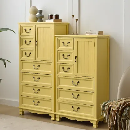 Rustic Wooden Yellow Storage Cabinet with Drawer Rings Image - 1
