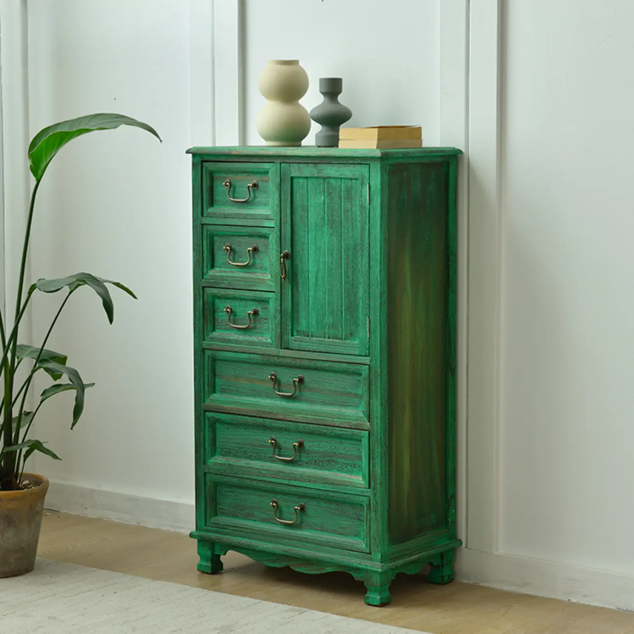 Rustic Wooden Yellow Storage Cabinet with Drawer Rings Image - 2 | homeyfad