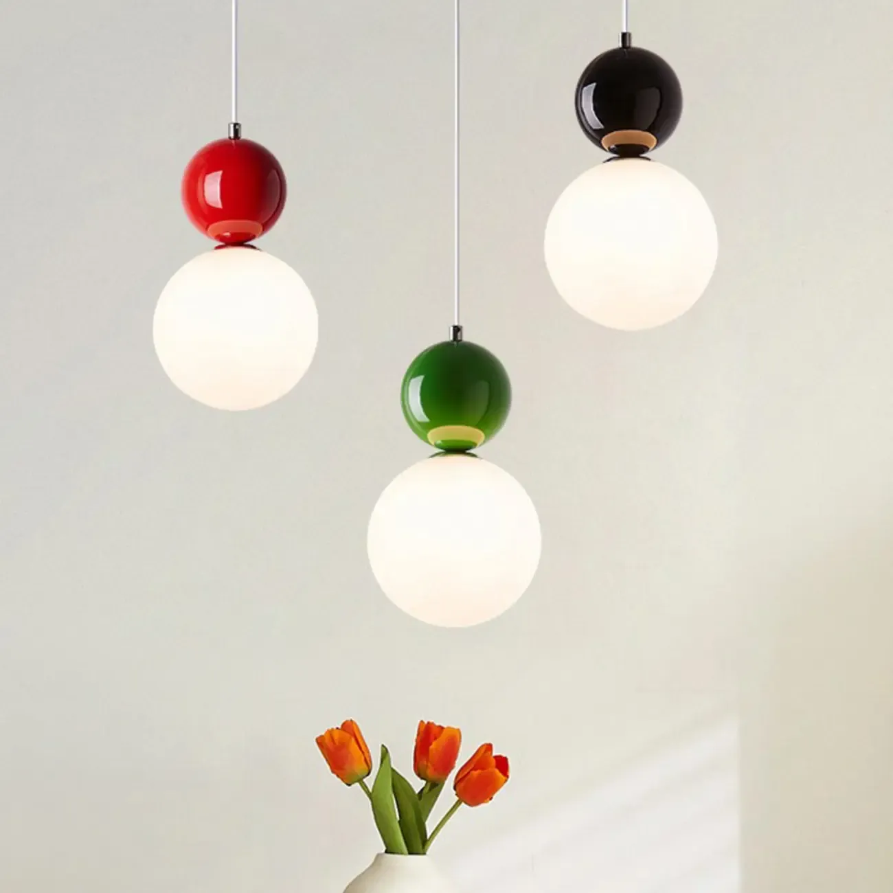 Nordic White Glass Globe LED Pendant Light with Colorful Bead Detail Image - 2