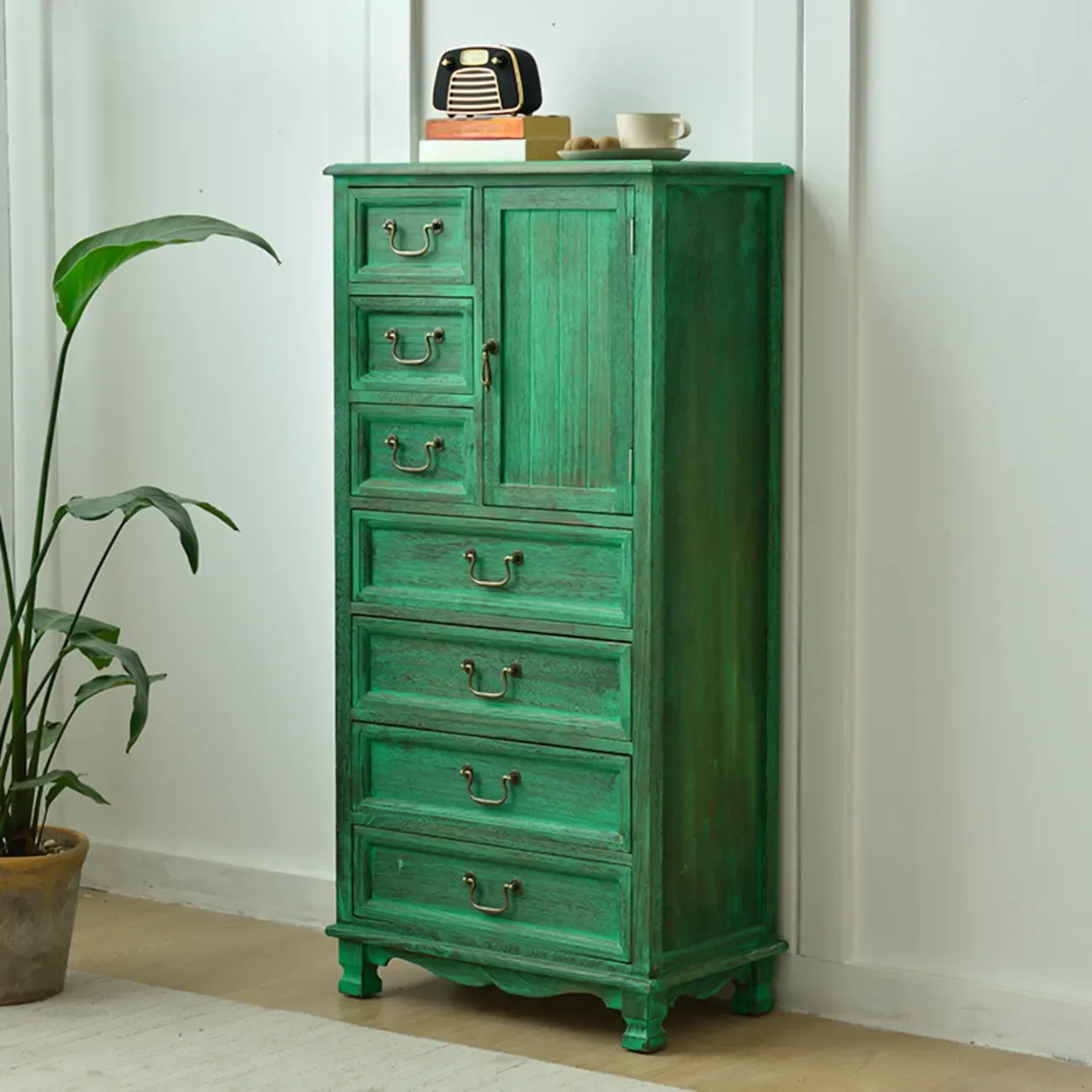 Rustic Wooden Yellow Storage Cabinet with Drawer Rings Image - 3