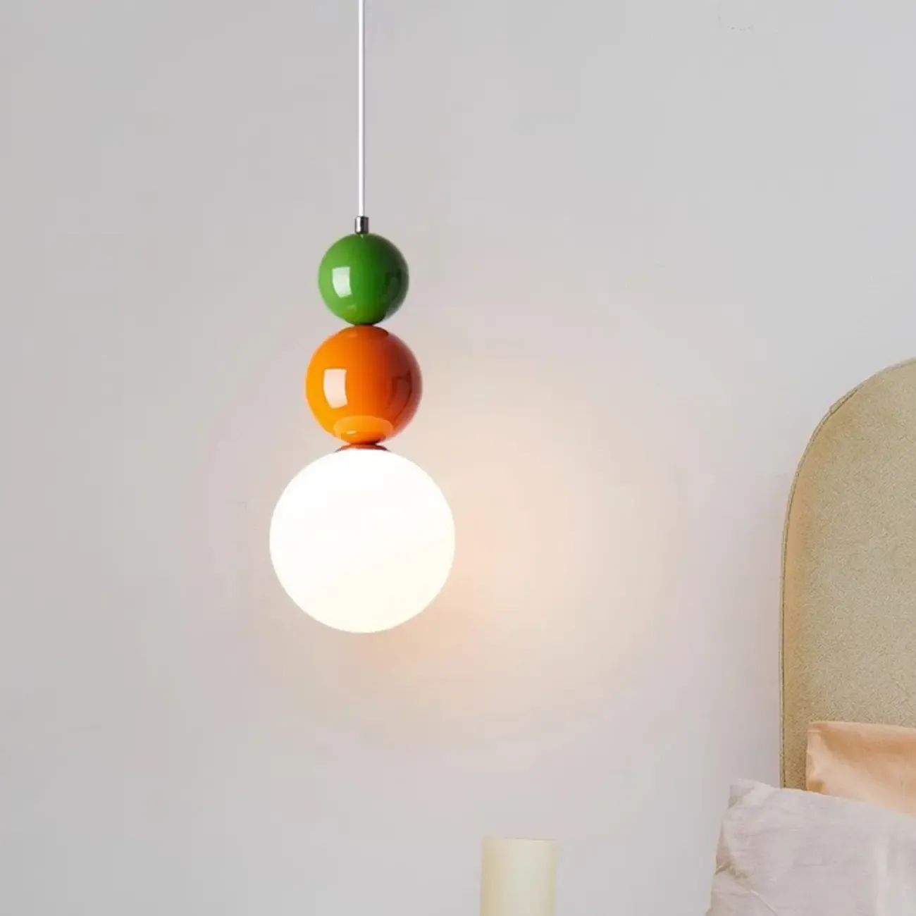 Nordic White Glass Globe LED Pendant Light with Colorful Bead Detail Image - 3
