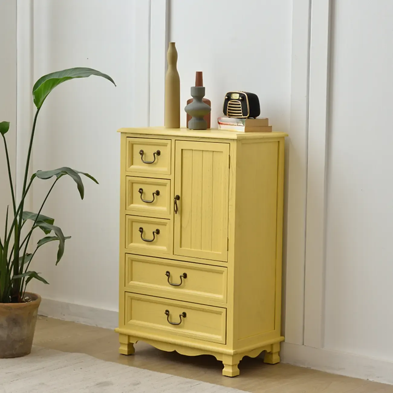 Rustic Wooden Yellow Storage Cabinet with Drawer Rings Image - 4