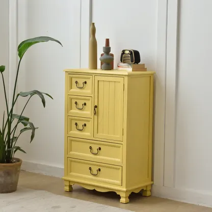 Rustic Wooden Yellow Storage Cabinet with Drawer Rings Image - 4