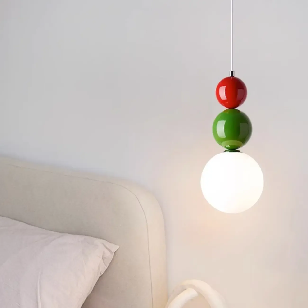 Nordic White Glass Globe LED Pendant Light with Colorful Bead Detail Image - 4