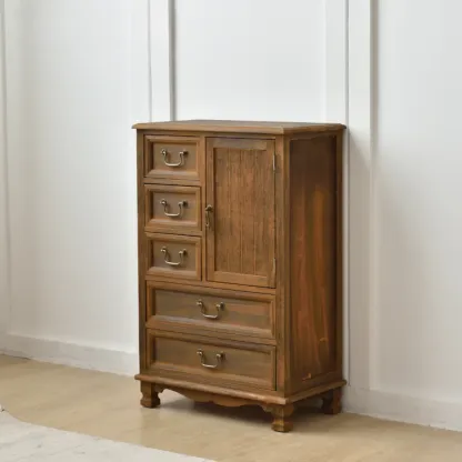 Rustic Wooden Yellow Storage Cabinet with Drawer Rings Image - 5