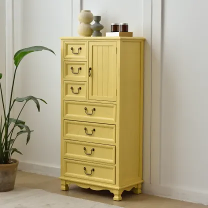 Rustic Wooden Yellow Storage Cabinet with Drawer Rings Image - 6