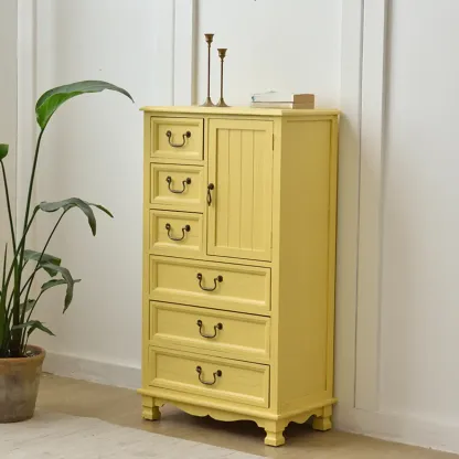 Rustic Wooden Yellow Storage Cabinet with Drawer Rings Image - 7