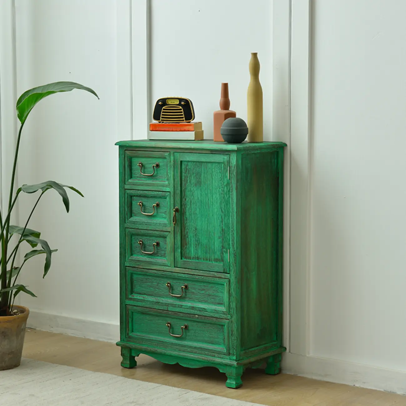 Rustic Wooden Yellow Storage Cabinet with Drawer Rings Image - 8 | homeyfad