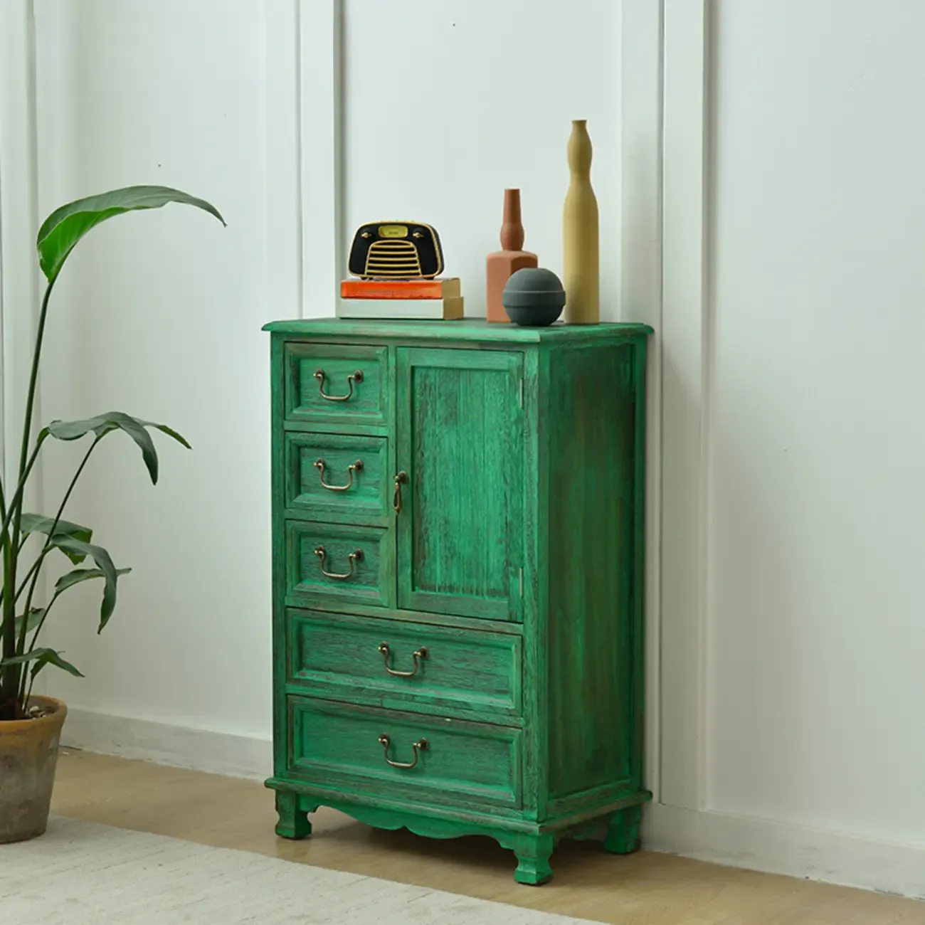 Rustic Wooden Yellow Storage Cabinet with Drawer Rings Image - 8
