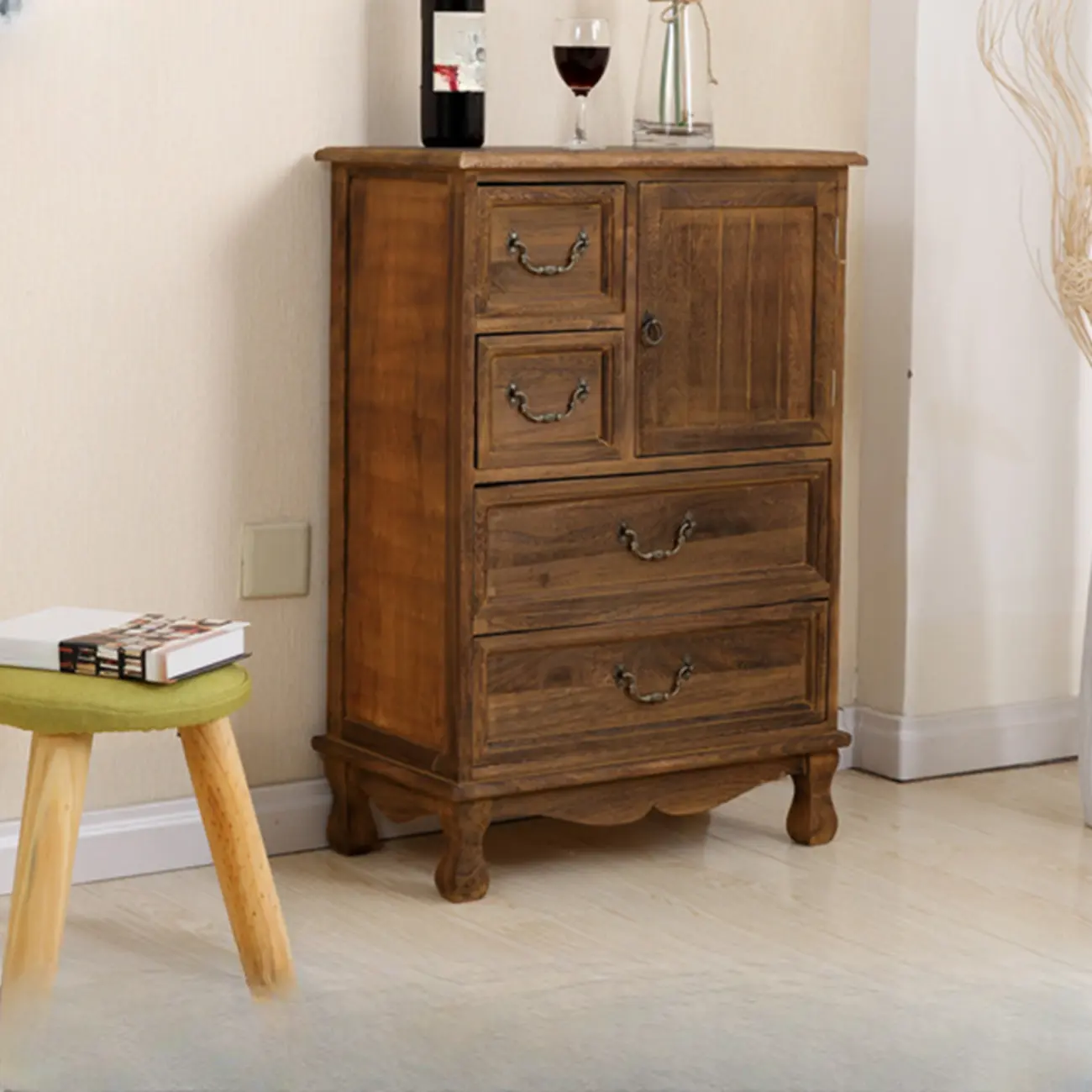 Rustic Wooden Yellow Storage Cabinet with Drawer Rings Image - 14 | homeyfad