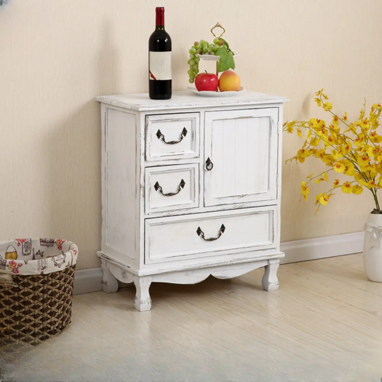 Rustic Wooden Yellow Storage Cabinet with Drawer Rings Image - 15 | homeyfad