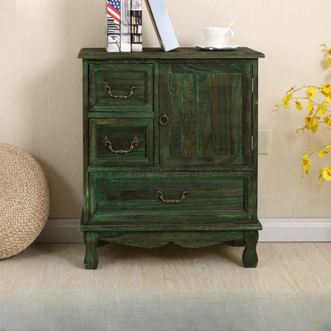 Rustic Wooden Yellow Storage Cabinet with Drawer Rings Image - 16 | homeyfad