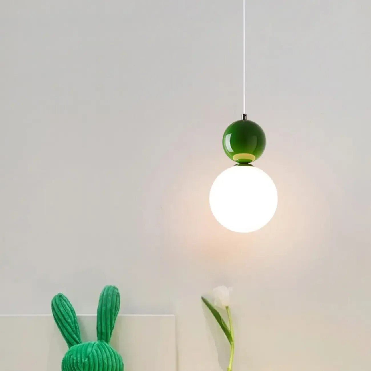 Nordic White Glass Globe LED Pendant Light with Colorful Bead Detail Image - 20