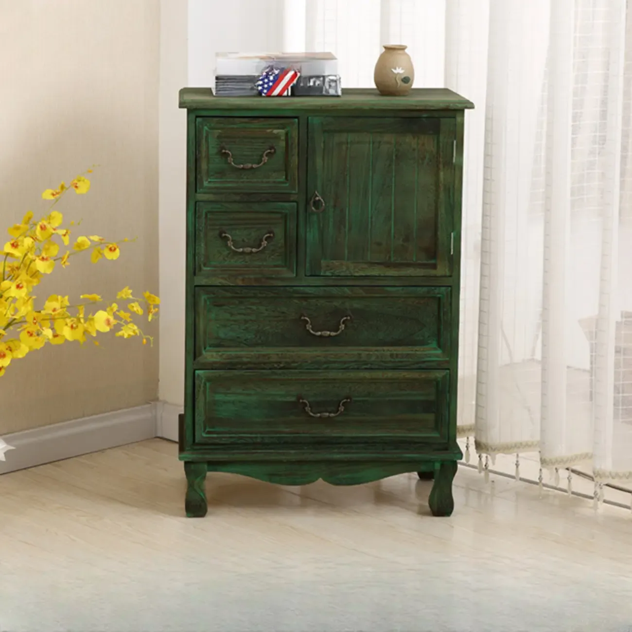 Rustic Wooden Yellow Storage Cabinet with Drawer Rings Image - 17