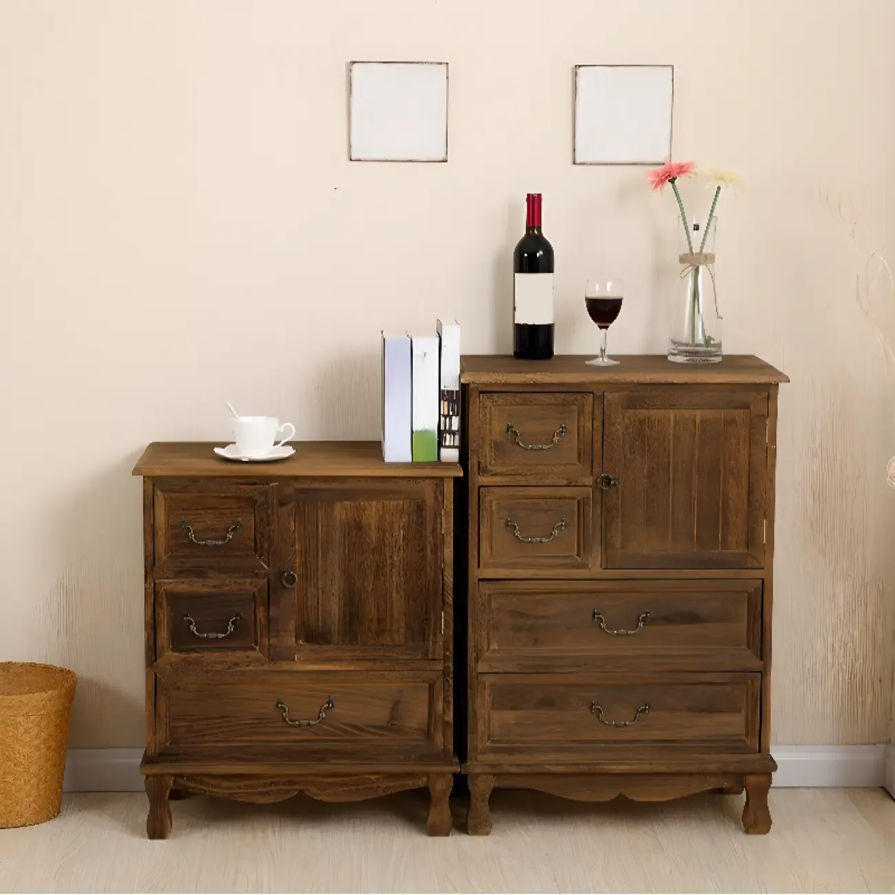 Rustic Wooden Yellow Storage Cabinet with Drawer Rings Image - 19