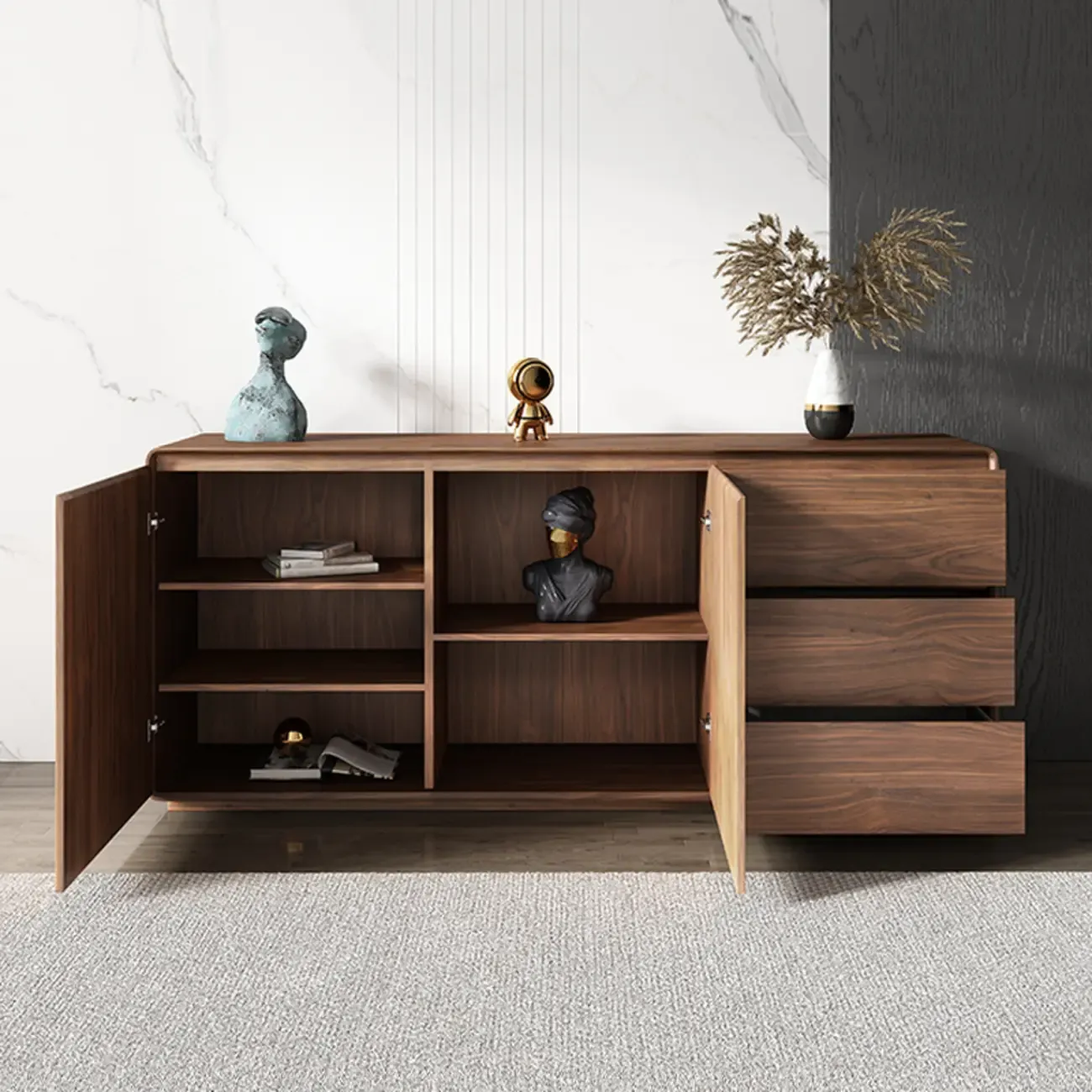 Large Cocoa Wooden Storage Cabinet with Drawers & Doors Image - 2