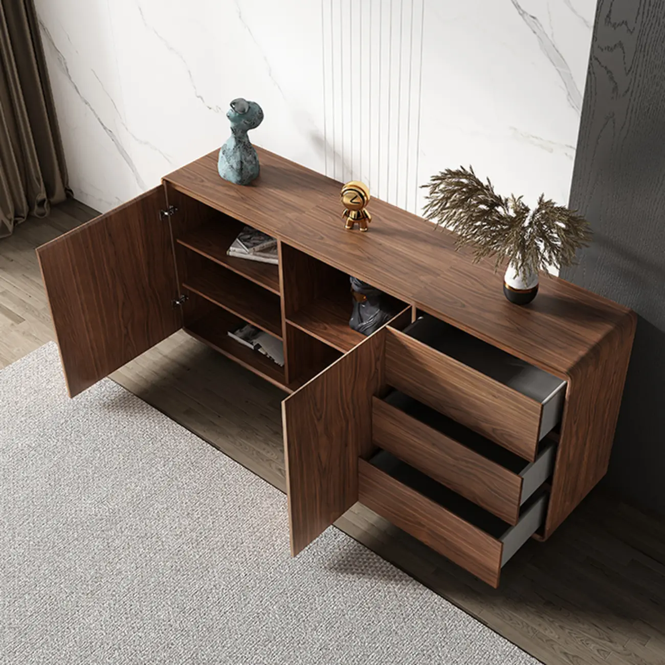 Large Cocoa Wooden Storage Cabinet with Drawers & Doors Image - 6 | homeyfad