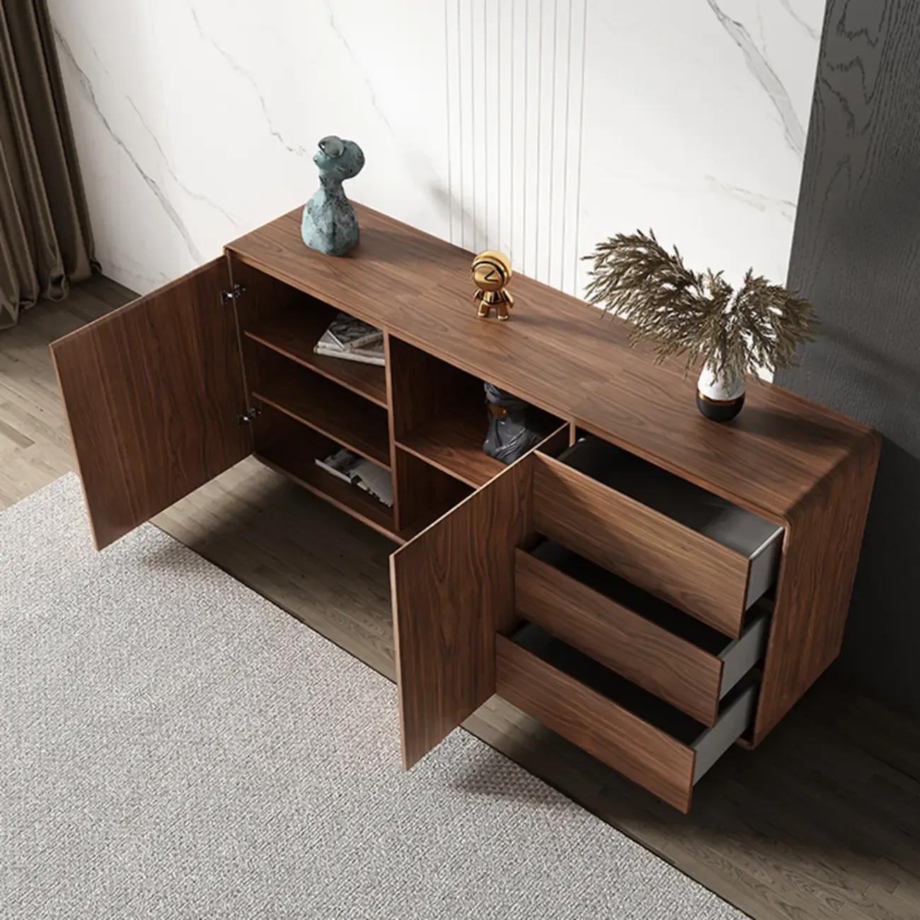 Large Cocoa Wooden Storage Cabinet with Drawers & Doors Image - 6