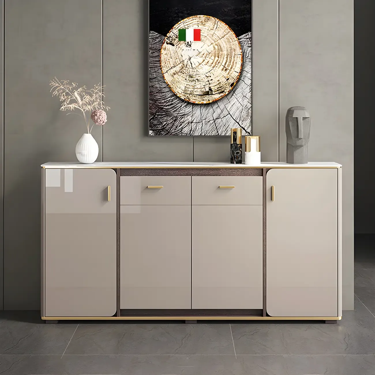 Glam Off-White Stone Top Sideboard with Cabinets Image - 1