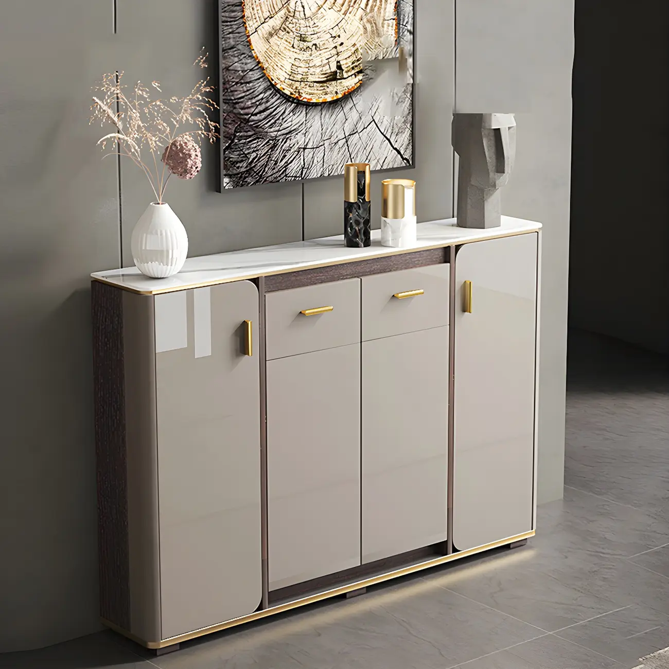 Glam Off-White Stone Top Sideboard with Cabinets Image - 2 | homeyfad