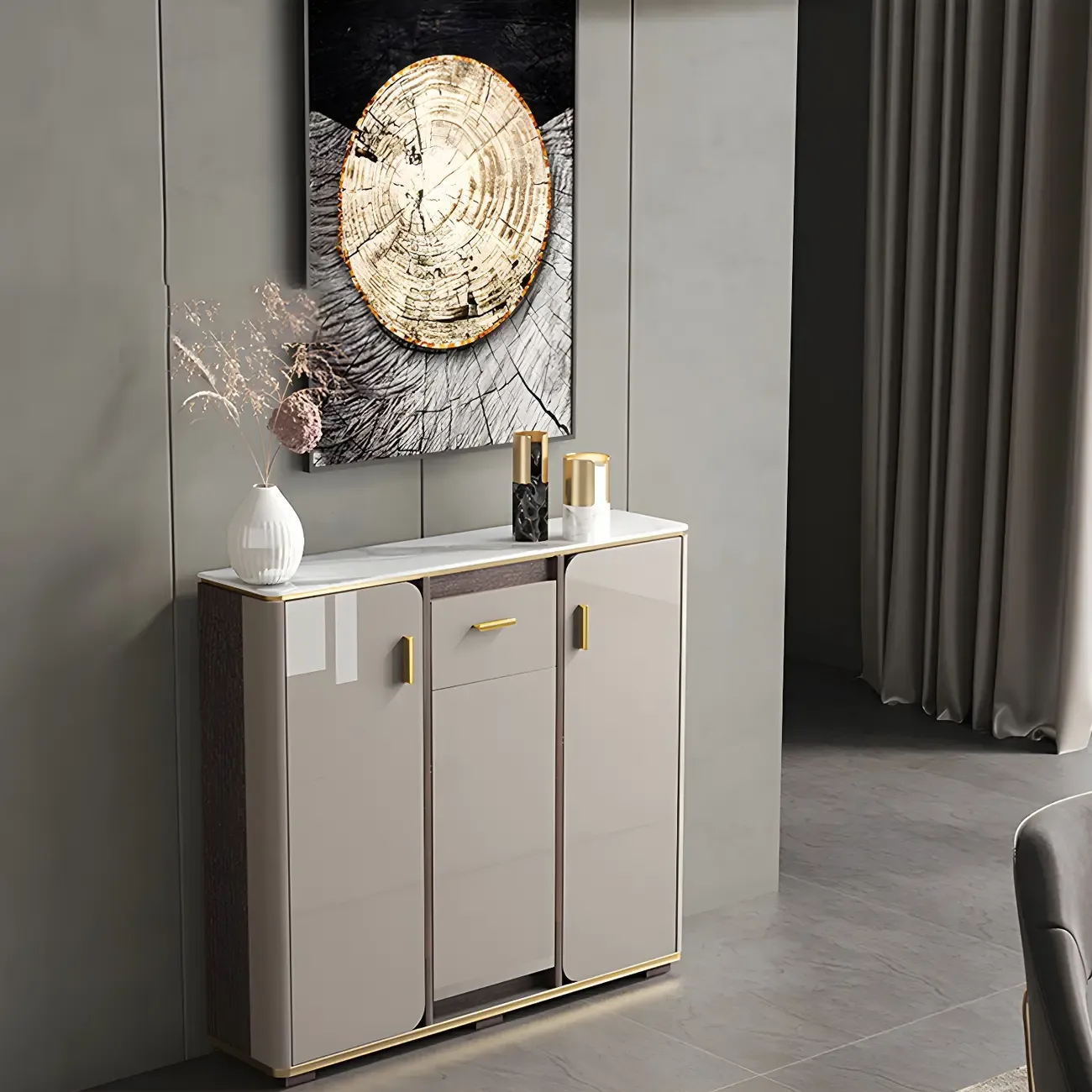 Glam Off-White Stone Top Sideboard with Cabinets Image - 4