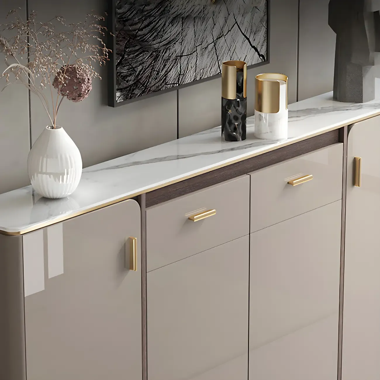 Glam Off-White Stone Top Sideboard with Cabinets Image - 6