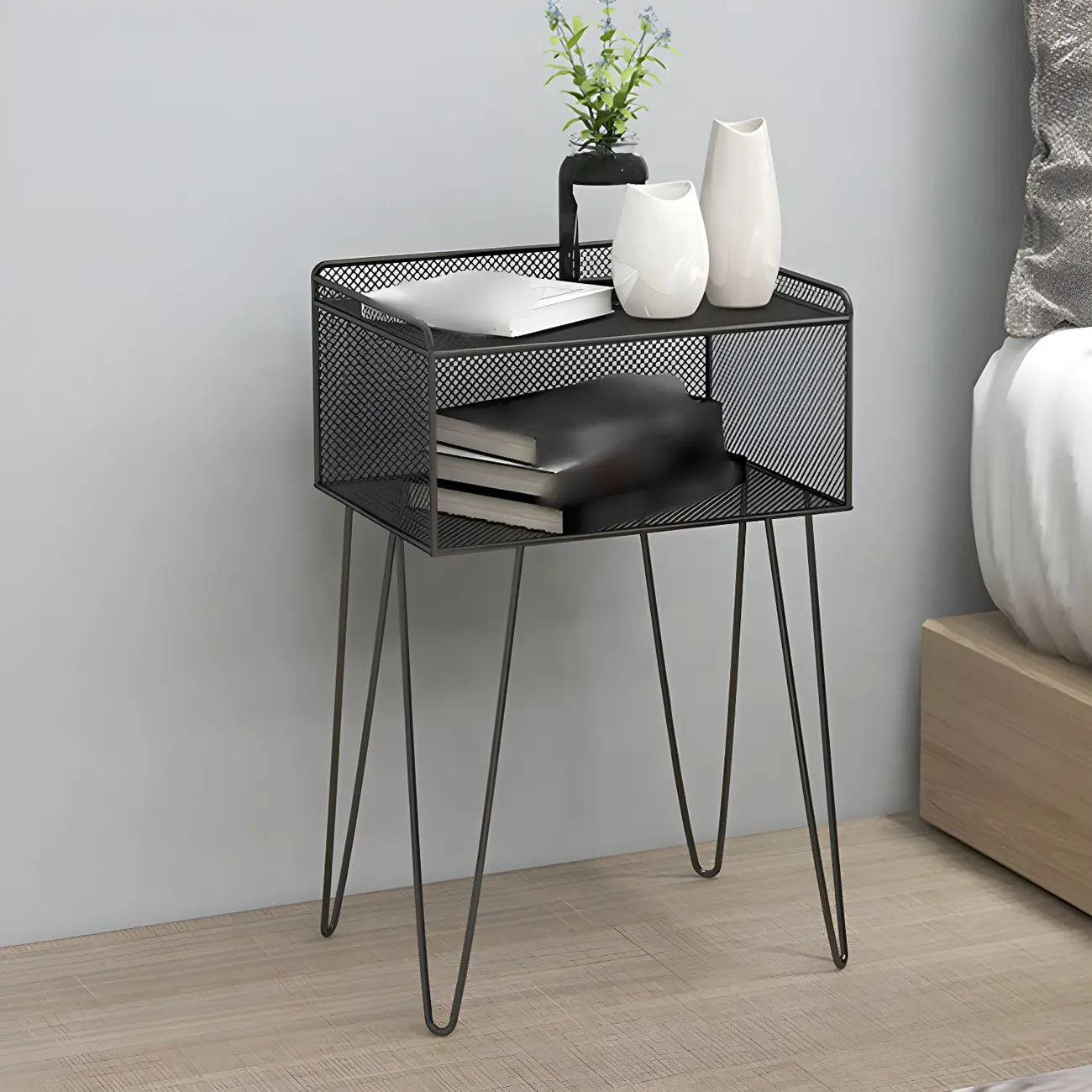 Modern Black Bedside Table with Open Metal Grid Shelf Image - 1 | homeyfad