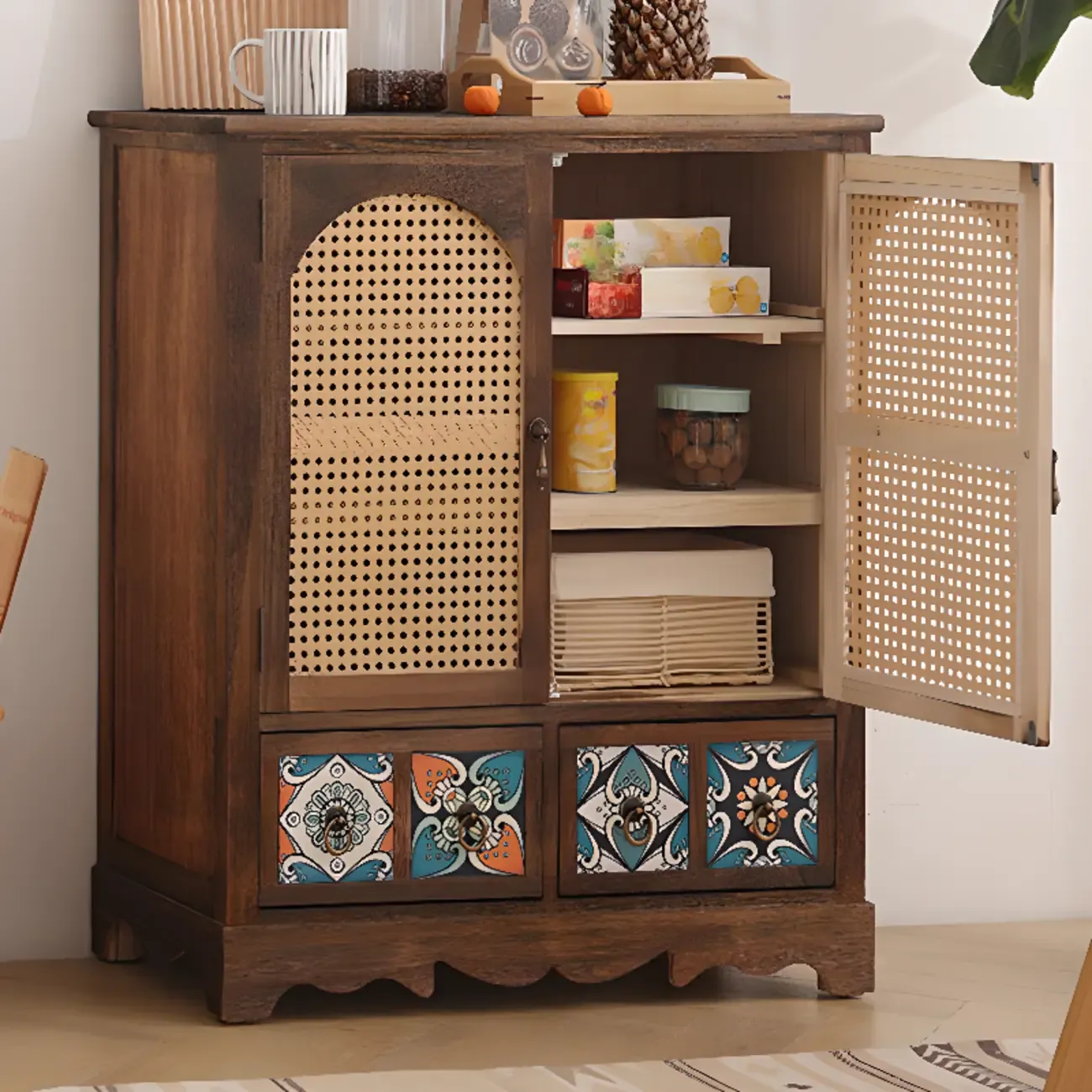 Tropical Solid Wood Storage Cabinet with Drawers for Entryway Image - 2