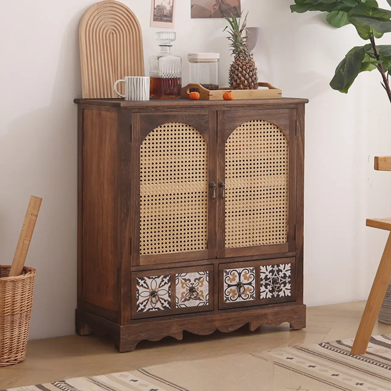 Tropical Solid Wood Storage Cabinet with Drawers for Entryway Image - 4