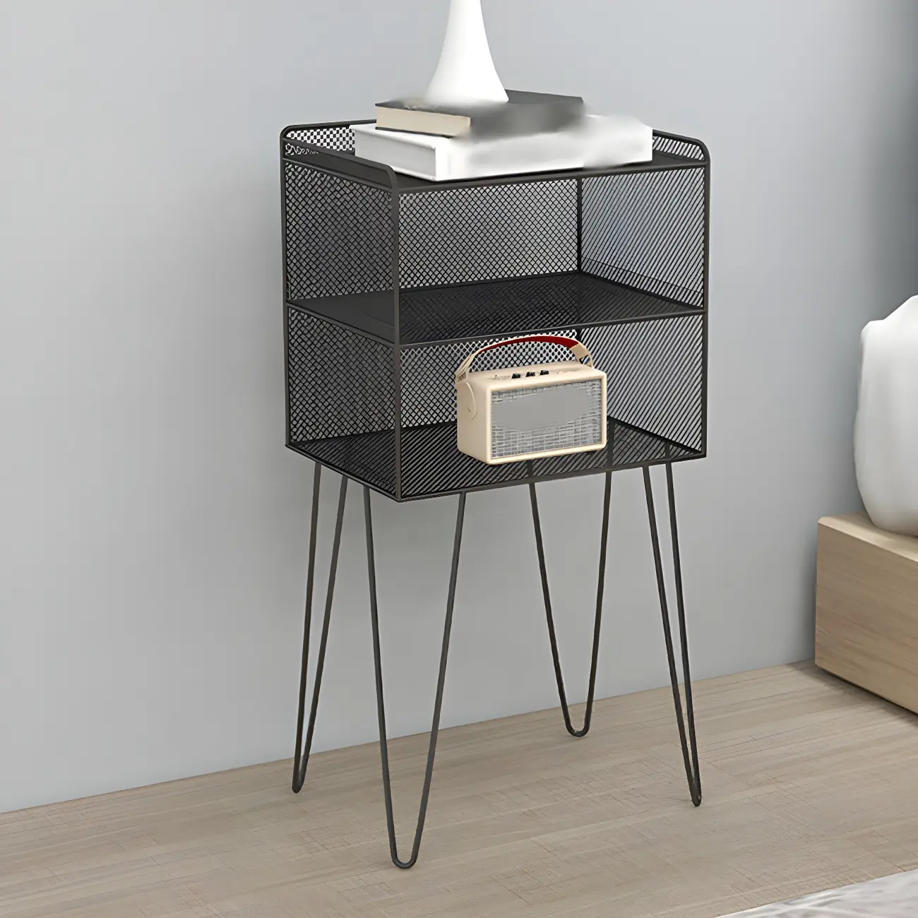 Modern Black Bedside Table with Open Metal Grid Shelf Image - 2 | homeyfad
