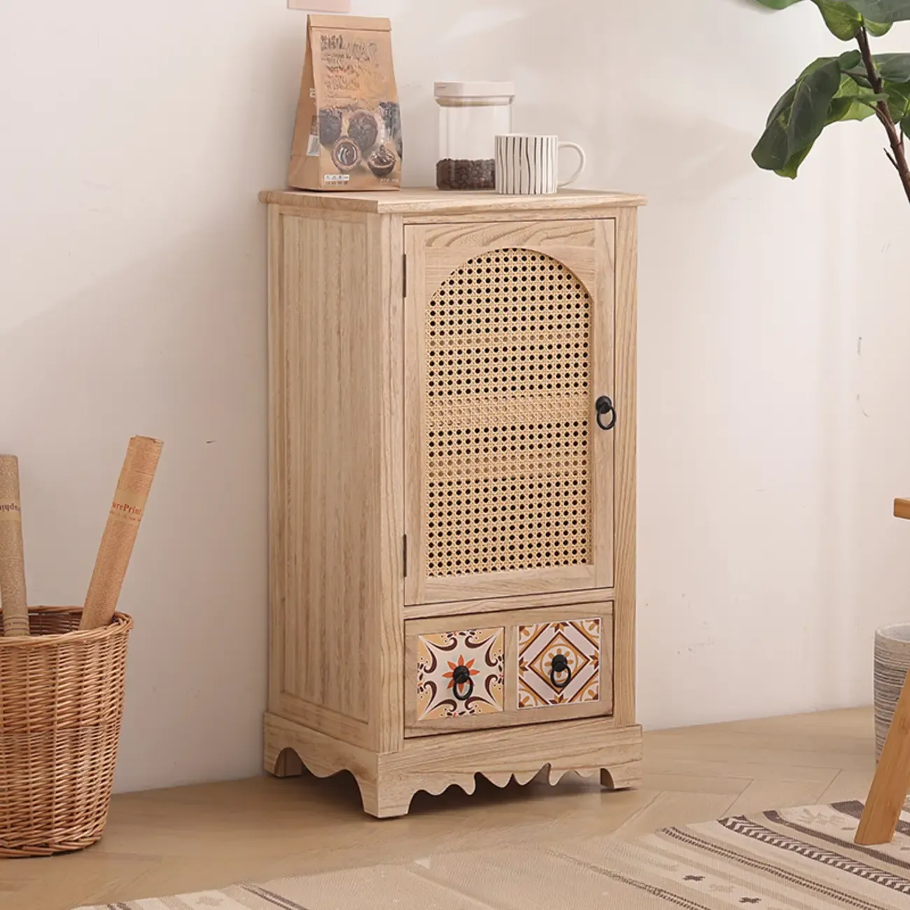 Tropical Wooden Artistic Cabinet with Drawers & Rattan Door | HomeyFad