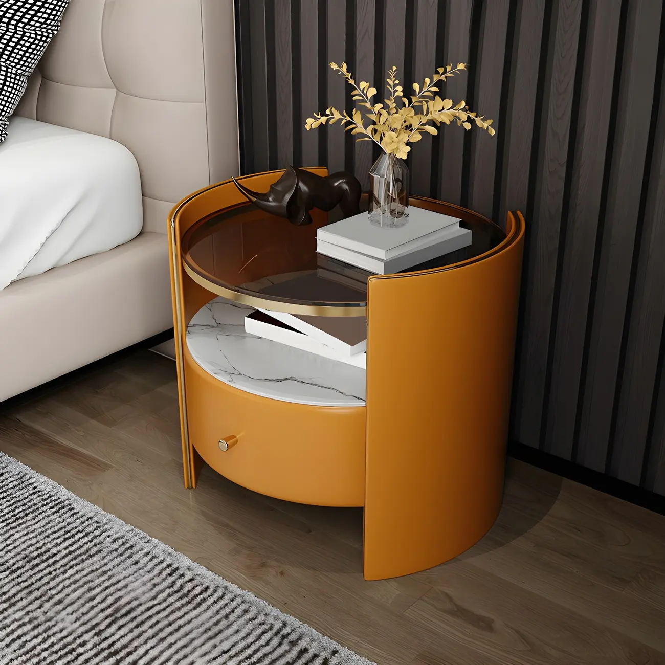 Luxury Glass Top Nightstand with Drawer Storage and Open Cubby Image - 2 | homeyfad