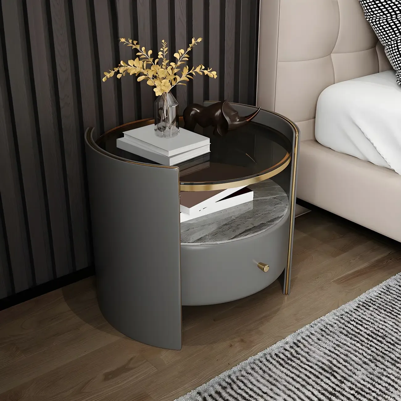 Luxury Glass Top Nightstand with Drawer Storage and Open Cubby Image - 4