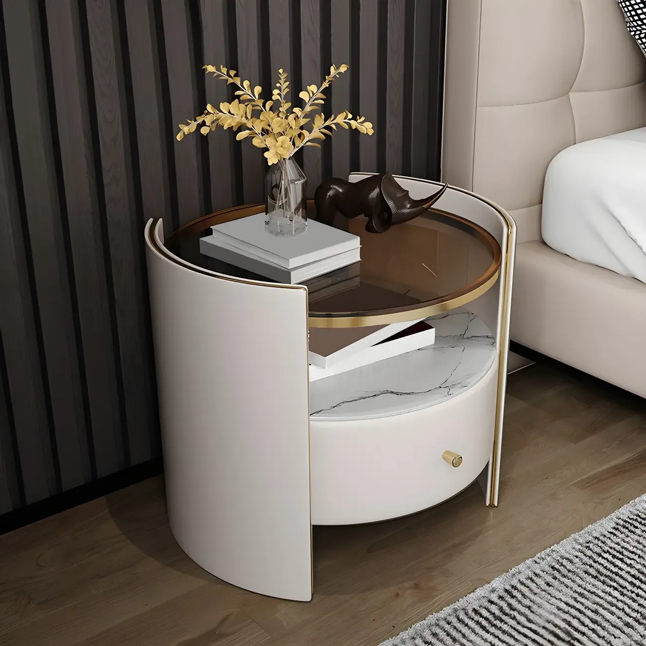 Luxury Glass Top Nightstand with Drawer Storage and Open Cubby Image - 9