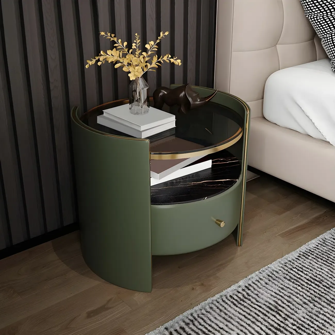 Luxury Glass Top Nightstand with Drawer Storage and Open Cubby Image - 11