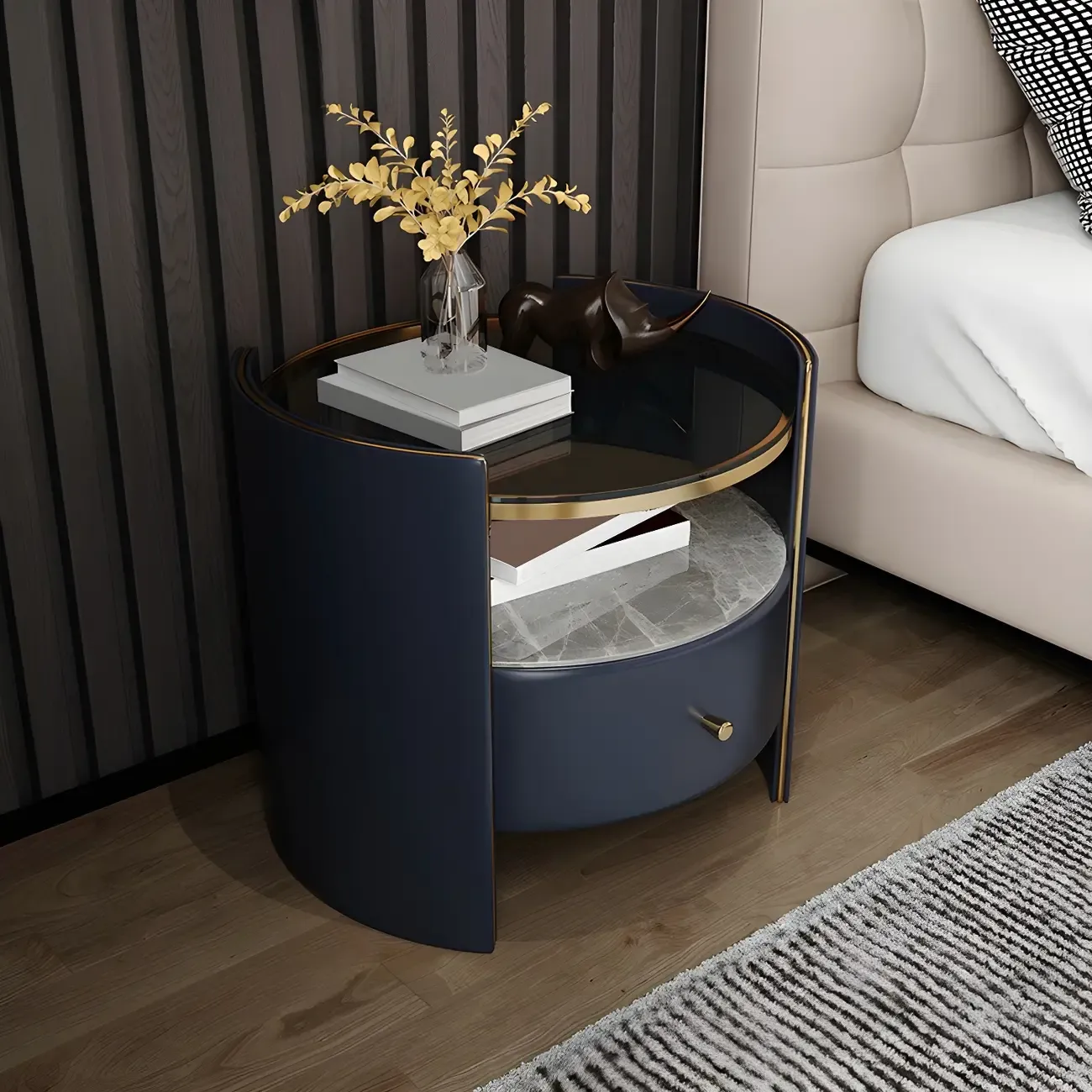 Luxury Glass Top Nightstand with Drawer Storage and Open Cubby Image - 12