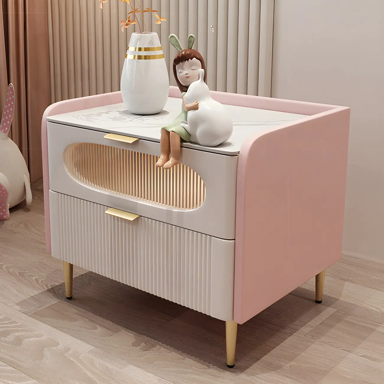 Modish Leather Bedside Table 2 Drawers with Stone Countertop Image - 1 | homeyfad