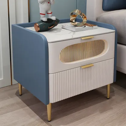 Modish Leather Bedside Table 2 Drawers with Stone Countertop Image - 2