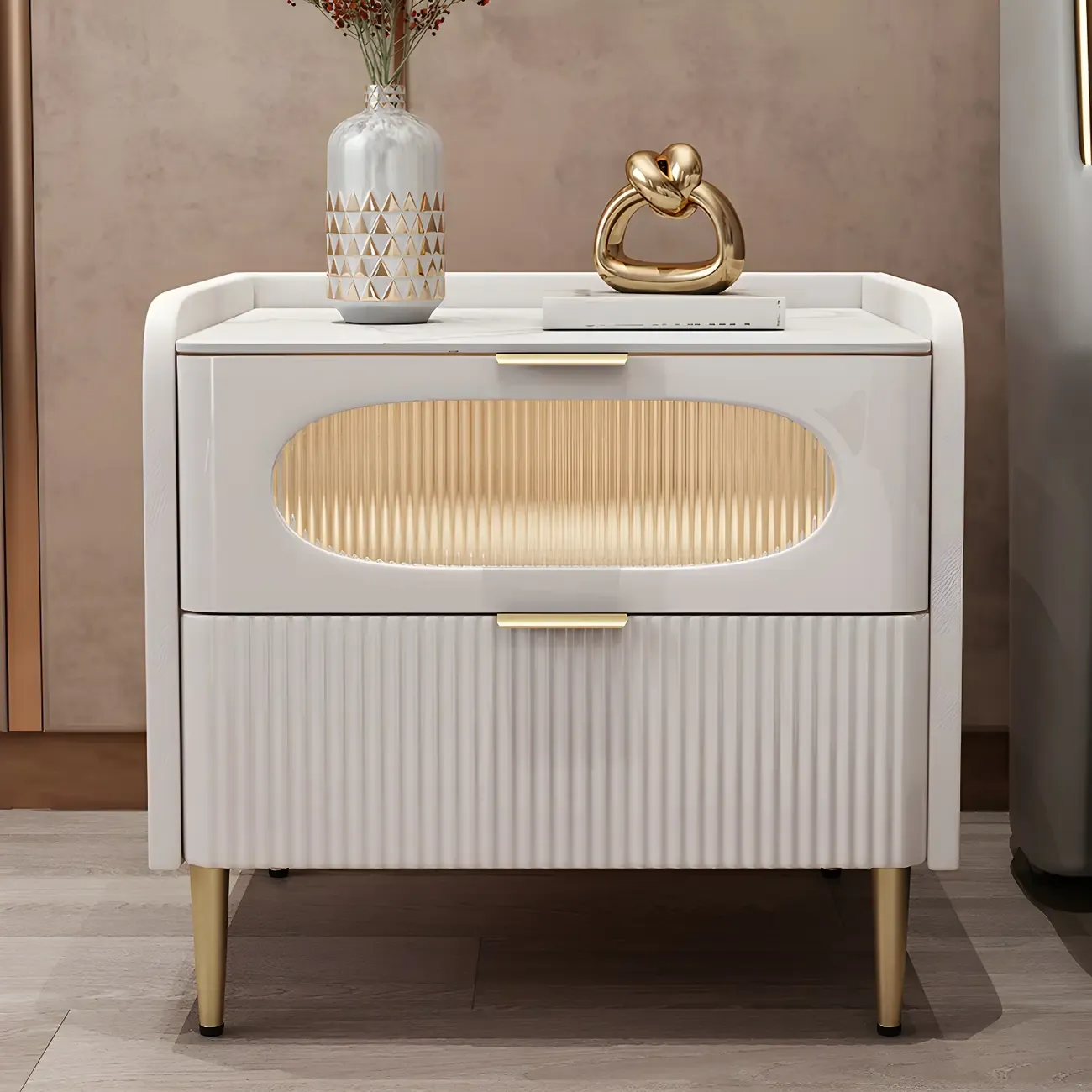 Modish Leather Bedside Table 2 Drawers with Stone Countertop Image - 3