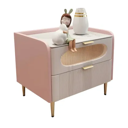 Modish Leather Bedside Table 2 Drawers with Stone Countertop Image - 5