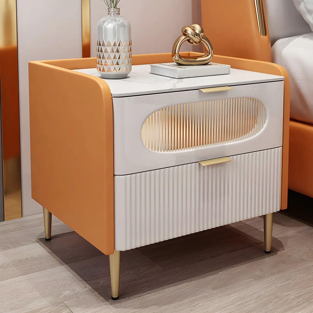 Modish Leather Bedside Table 2 Drawers with Stone Countertop Image - 6 | homeyfad