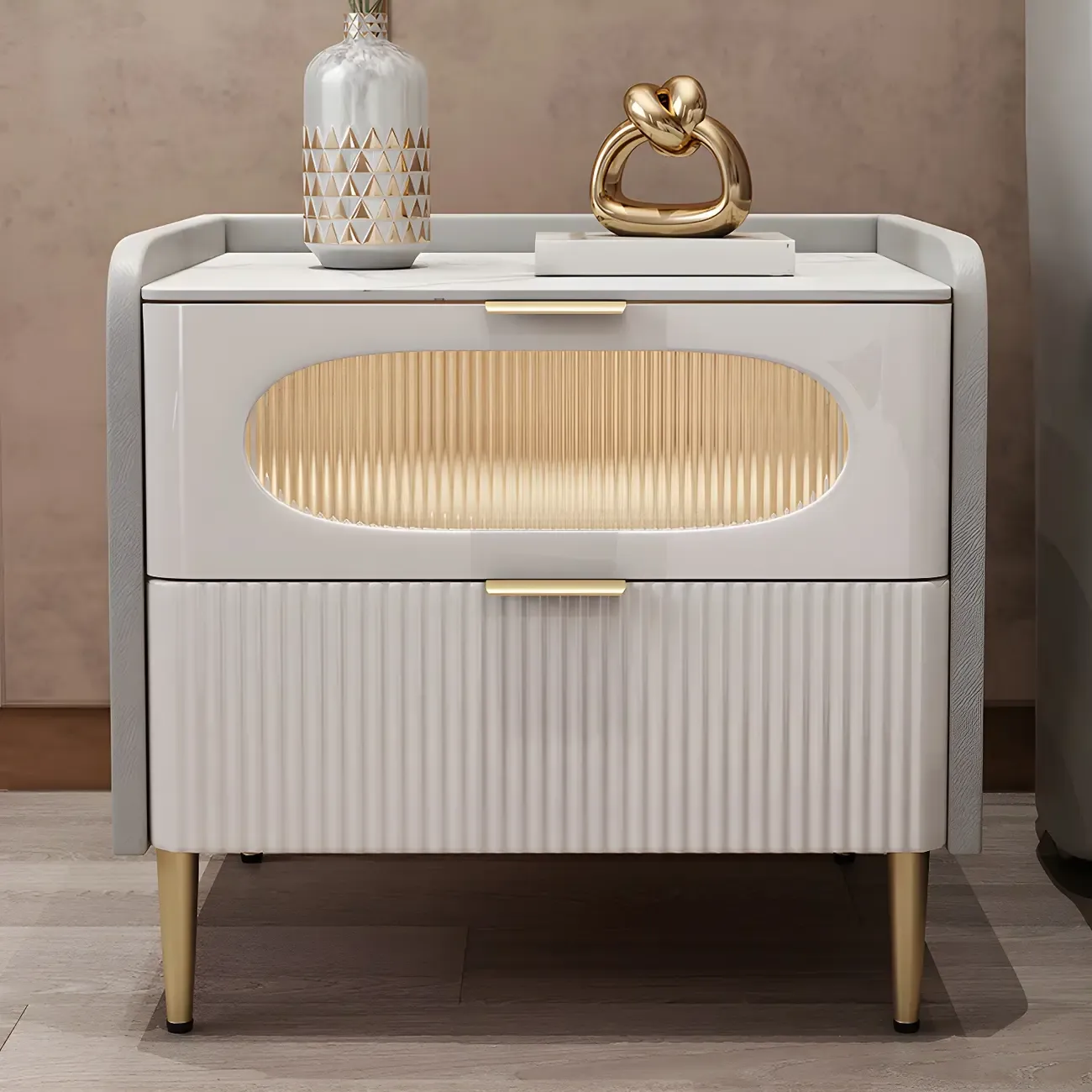 Modish Leather Bedside Table 2 Drawers with Stone Countertop Image - 7