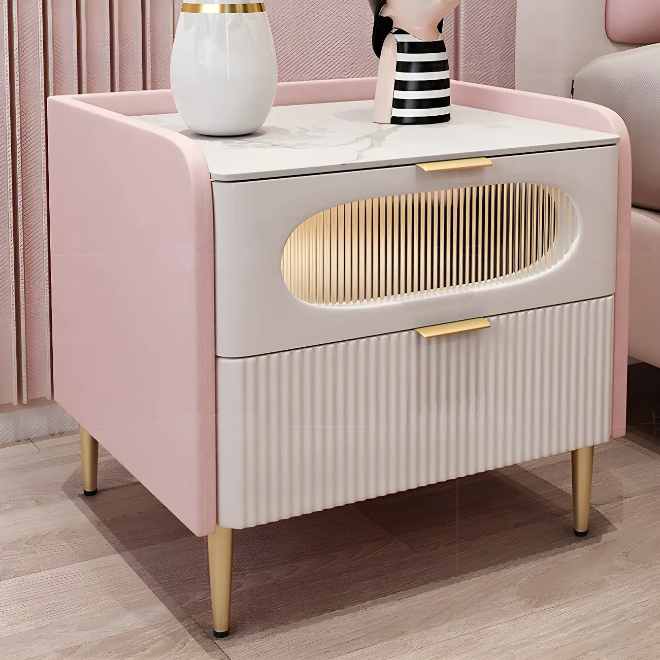 Modish Leather Bedside Table 2 Drawers with Stone Countertop Image - 8 | homeyfad