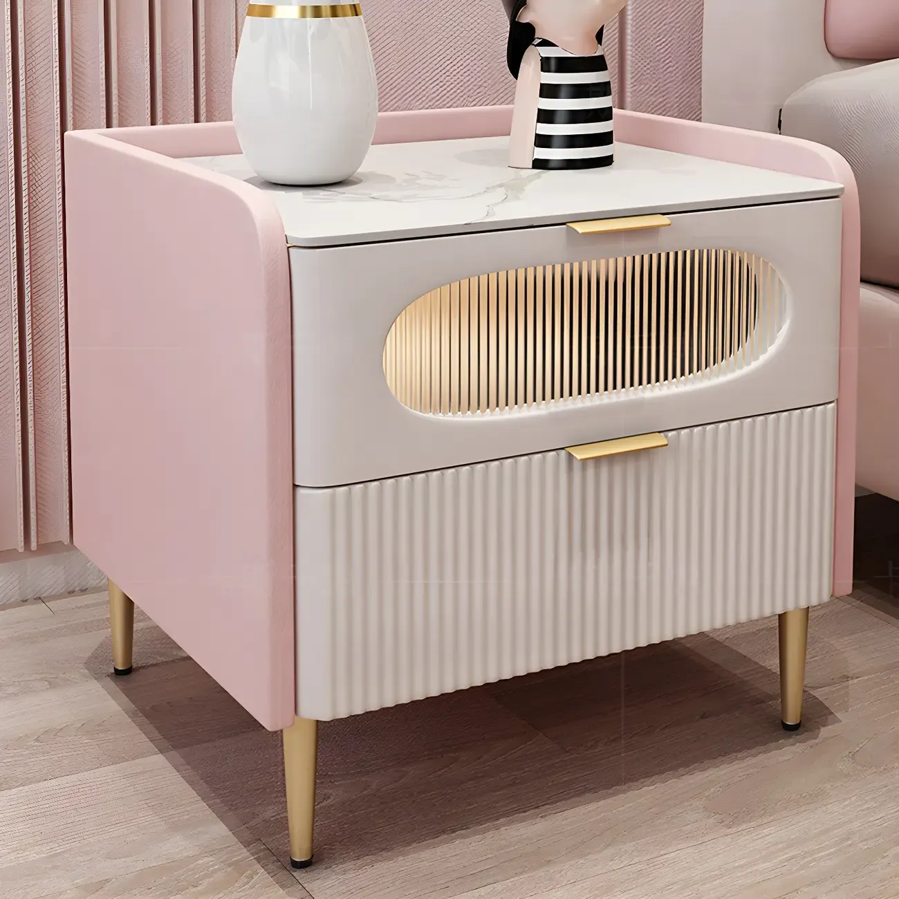 Modish Leather Bedside Table 2 Drawers with Stone Countertop Image - 8