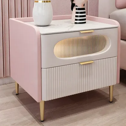 Modish Leather Bedside Table 2 Drawers with Stone Countertop Image - 8