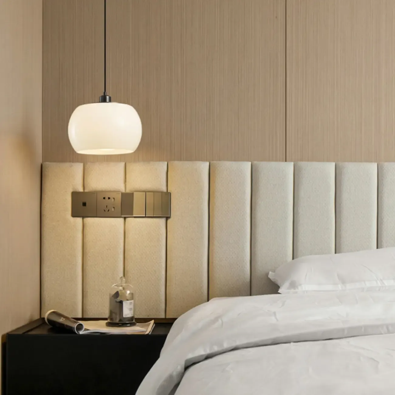Modern White Glass Drum Pendant Light for Bedroom Image - 12