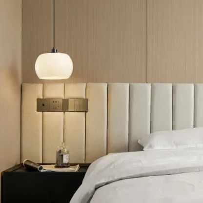 Modern White Glass Drum Pendant Light for Bedroom Image - 12