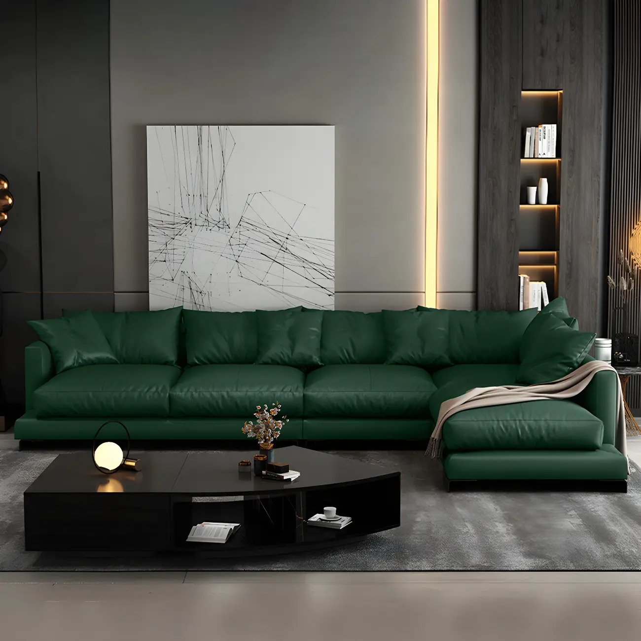 Forest Green Genuine Leather Sectionals Couch with Pillows Image - 1 | homeyfad