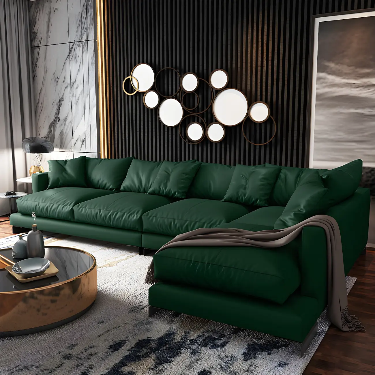 Forest Green Genuine Leather Sectionals Couch with Pillows Image - 2 | homeyfad