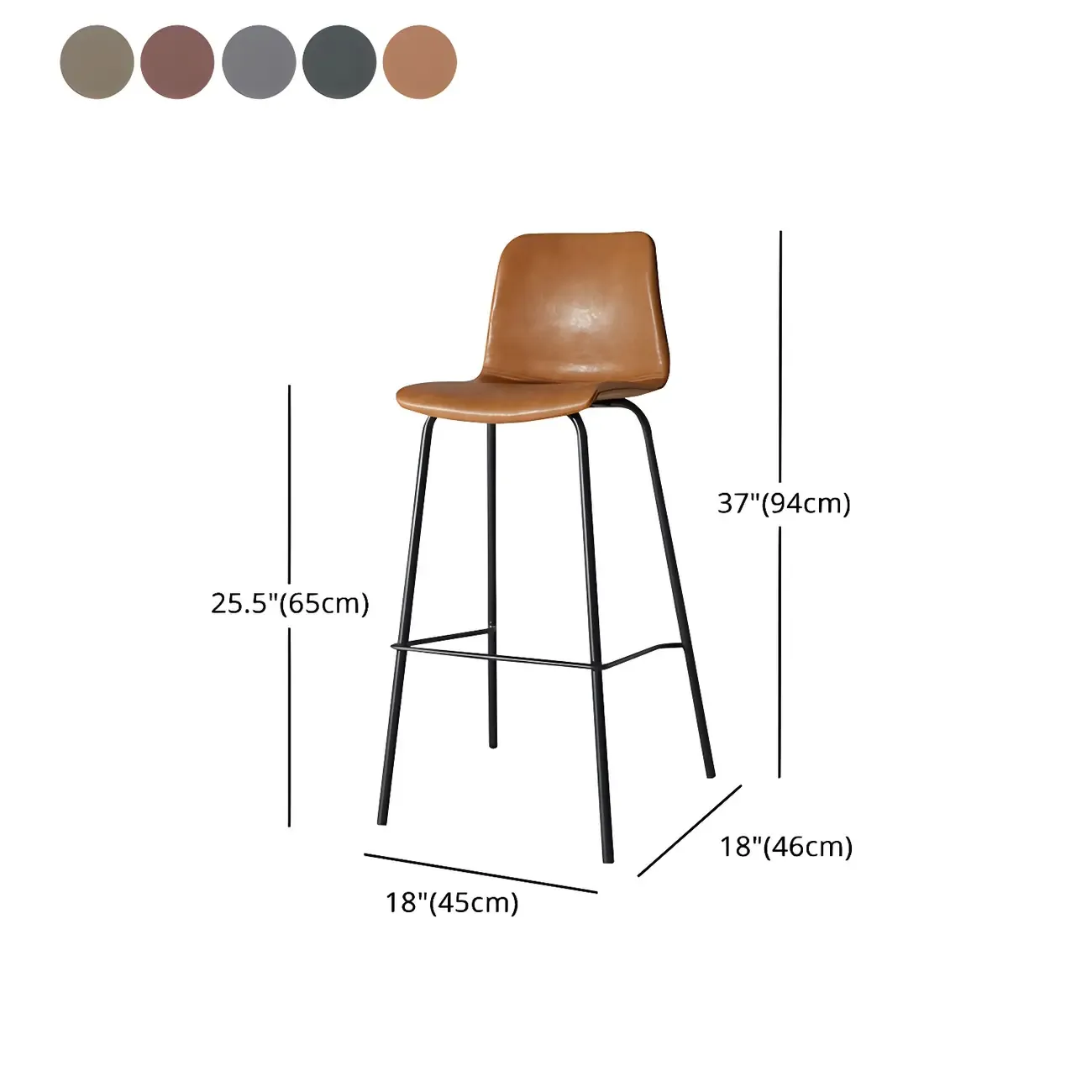 Vintage Leather Bar Stool with Low Backrest and Footrest #size